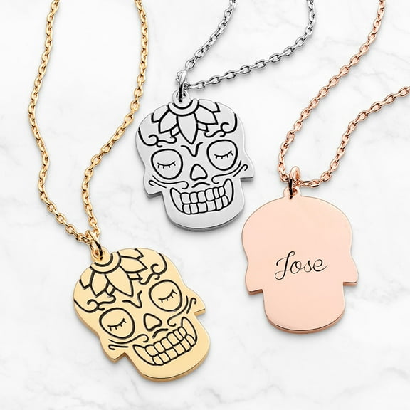 Personalized Planet Dia de Los Muertos Engraved Skull Cutout Necklace ,Women's
