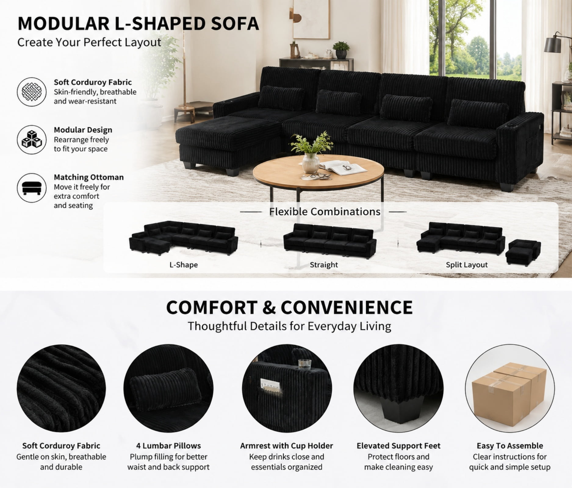 Modular L-Shaped Sectional Sofa with Detachable Ottoman Footrest and Cup Holders, Corduroy 4-Seater Sofa Couch with Side Storage Pockets and Sturdy Plastic Support Feet for Living Room