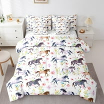 Manfei Horse Racing Child Twin Bedding Sets 7-Piece, Rustic Farmhouse Animal Bedding Comforter Set, Watercolor Floral Reversible Sheet Sets, Super Cozy Room Decor