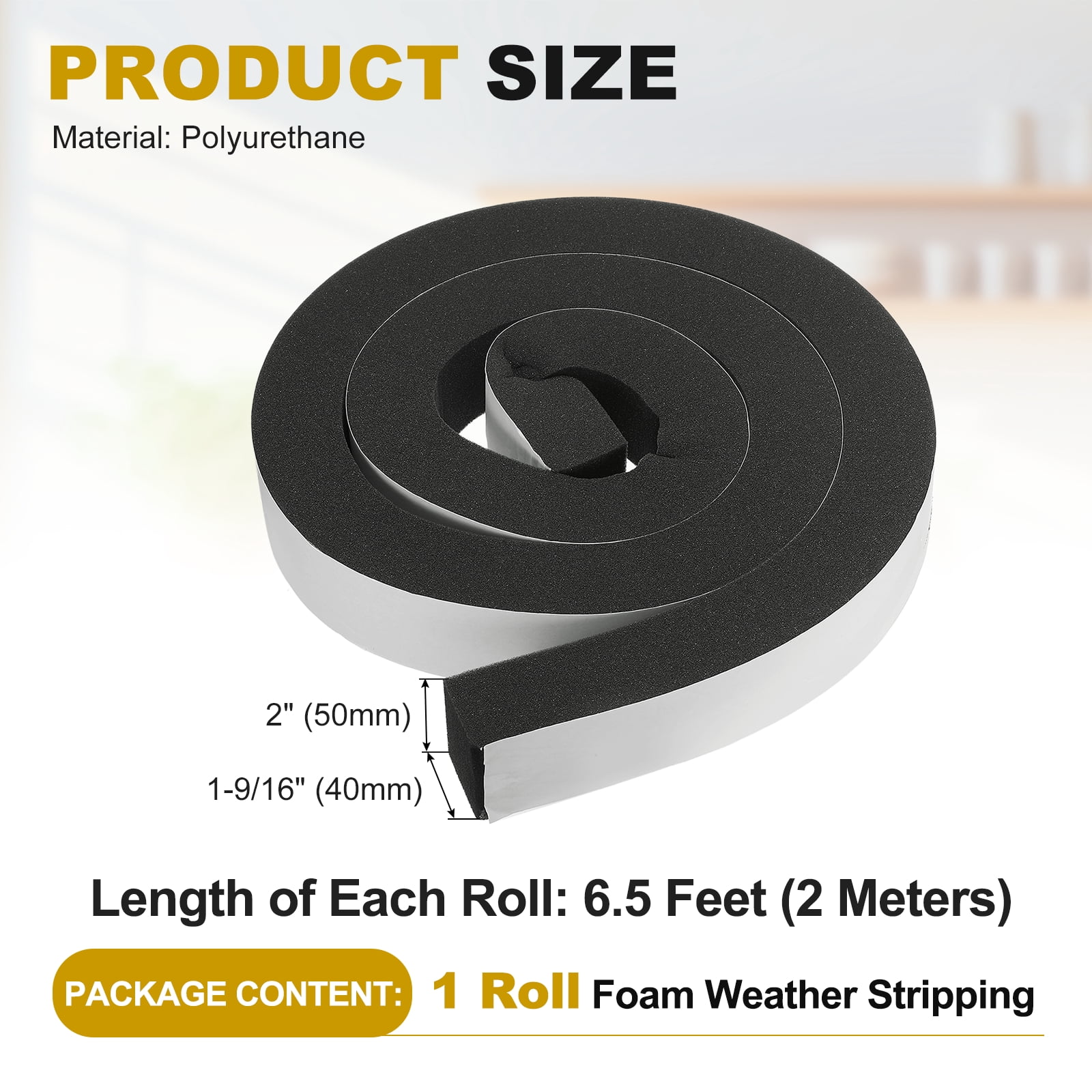 Weather Stripping Door Seal, 2" x 1-9/16" Adhesive Foam Tape Seal Soundproof Insulation Strips for Door Frame Window Gaps (6.5 Feet)