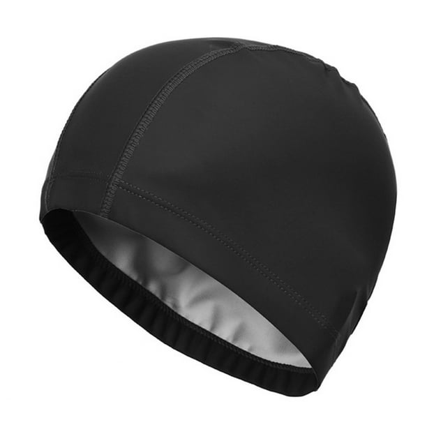 Slowmoose Elastic Waterproof Pu Fabric Protect Ears Long Hair Sports Swimming Cap Solid Black