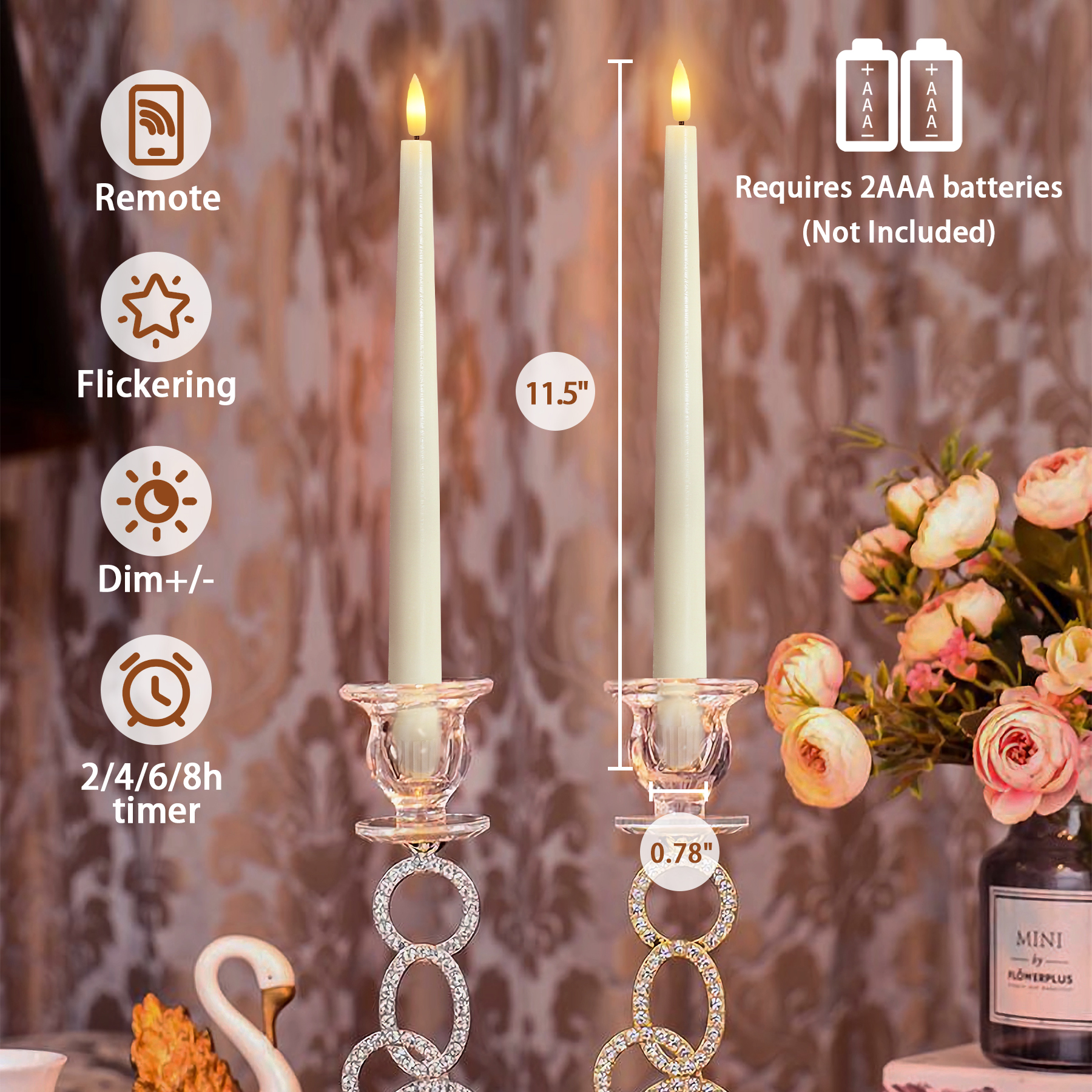 Mavandes Flameless Flickering Taper Wax 0.78 x 11.5 inch Ivory Candles, Pack of 6 LED Battery Operated Wax Tall Window Candlesticks