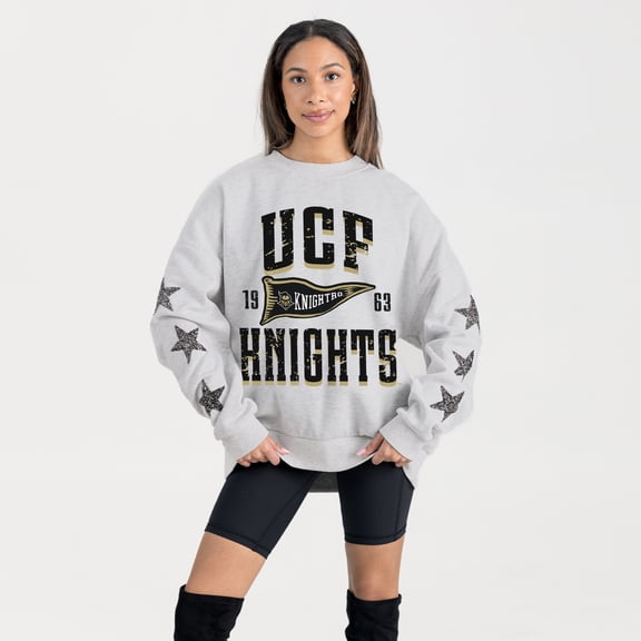 Women's Gameday Couture Ash UCF Knights Oversized Pennant Pride Rhinestone Star Sleeve Sweatshirt