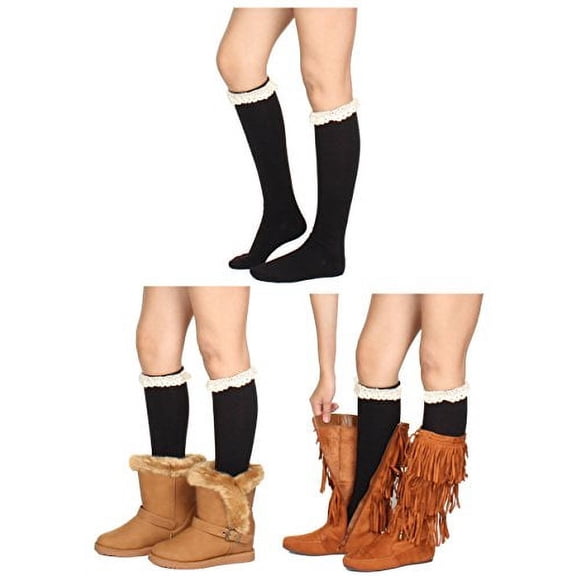 GILBIN'S Women's Fashion Long Boot Socks Stretchy Over Knee High Stockings with Lace Trim (Black With White Trim)