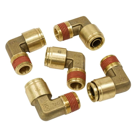 (5 Pack) DOT Brass Push to Connect Fitting Elbow - 1/2" Tube OD x 3/8" NPT Air Brake Line Fittings - 90 Degree Male Quick Fitting Connectors - for Nylon Air Line Brake Tube