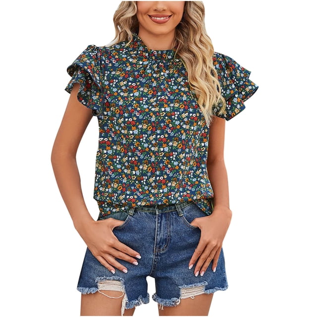 Birdeem Blouse Mode Femme Manches Courtes Col en V Ample Manches Bouffantes Imprimé