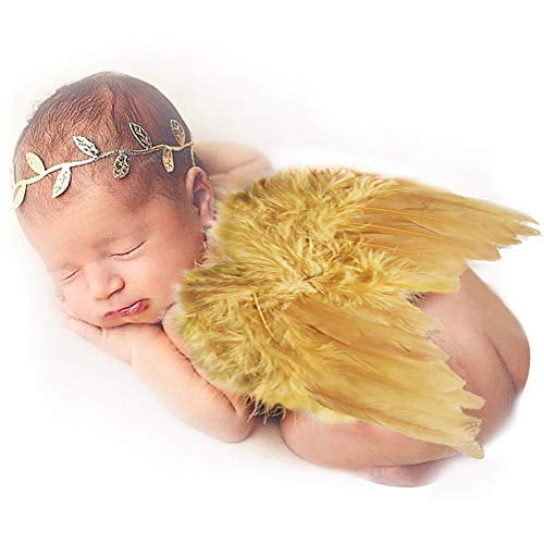 Amor Present Baby Angel Wings, Newborn Baby Gold Feather Angel Wings with Headband Infant Costume Photo Prop Outfit Easter April Fools Day Gift***