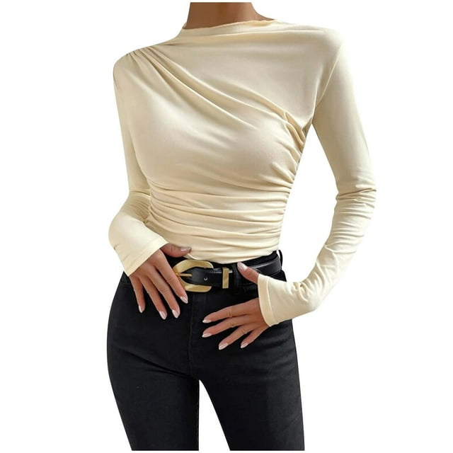 Timegard Going out Tops for Women Ruched Long Sleeve Slim Undershirts Basic Tee Fall Casual Comfy Tops