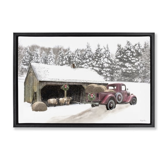 Stupell Industries Snowy Winter Farm Sheep Transportation Painting Black Floater Framed Canvas Art Print Wall Art, 25 x 17