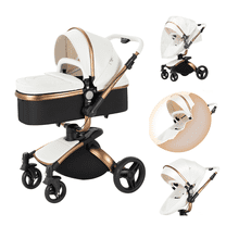 2 in 1 Convertible Baby Stroller ,Reversible Travel Stroller with Foldable Carriage, Removable Bassinet Pram for Newborns,Infant,Unisex,WHITE