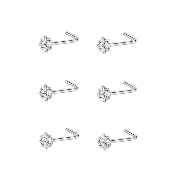 6pcs 22g 2.5mm Nose Rings Studs for Women Square Clear CZ Nose Studs Silver 6.5mm Length L Shaped Nostril Piercing Jewelry 22 Gauge Nose Jewelry Surgical Steel L Bend Nose Stud