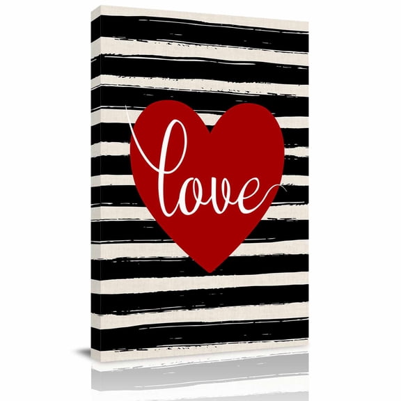 Canvas Wall Art, Valentines Red Love Heart Framed Canvas Prints for Living Room Bedroom, Withe and Black Stripe Extra Large Gallery Wrapped Wall Decor for Home Office, Gifts, 24"x36" Ship Next Day