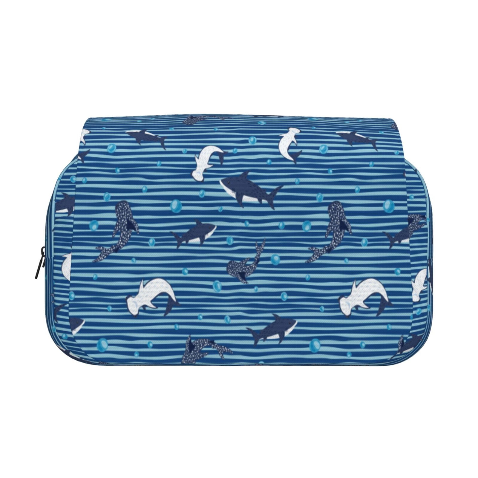 Rateoe Sharks on White Blue Striped Pattern Double Clamshell Pen Case, Storage Organizer with Two Zipper Compartments– Holds Up to 50 Pencils & Pens