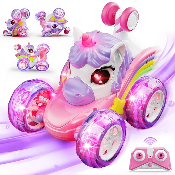 UQN Unicorn Toys for Girls Age 3-6, Remote Control Stunt Cars Toys for Girls, RC Cars for Kids with LED Light, Birthday Gift Toys for Girls Toddlers 3 4 5 6