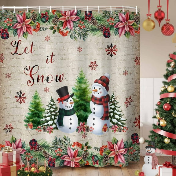 Christmas Shower Curtain, Snowman Snowflake Xmas Tree Winter Vintage Waterproof Fabric Shower Curtains with 12 Hooks, Bathroom Curtain Set for Bathroom Accessories Decor, 36 x 78 Inches