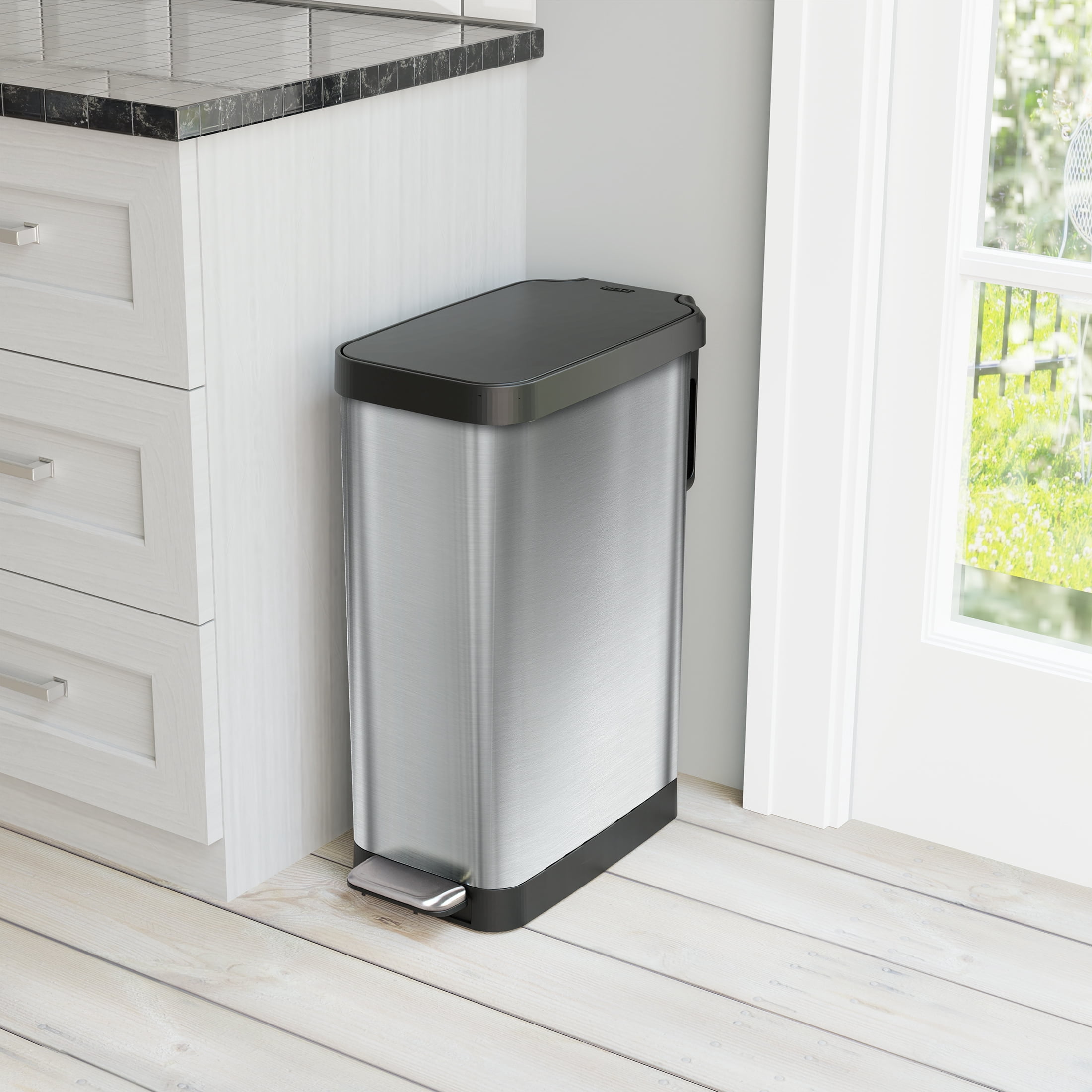 Glad Kitchen Trash Can, 12 Gallon Stainless Steel Slim Step Garbage Bin with Black Lid, Silver