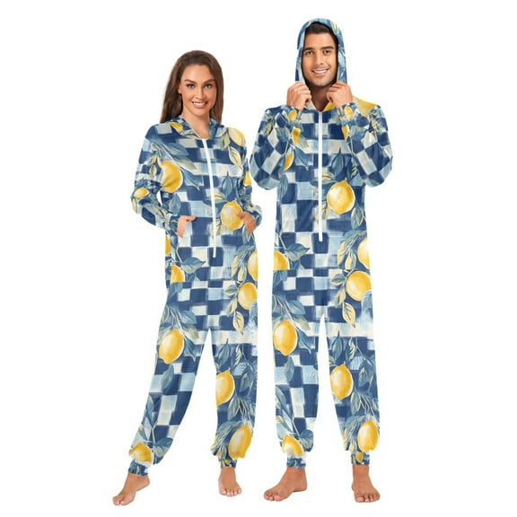 FORMRS Onesies Pajama for Adults Unisex Hoodie Winter Jumpsuit One Piece Sleepwear, Sizes S-2XL, Retro Plaid Lemon