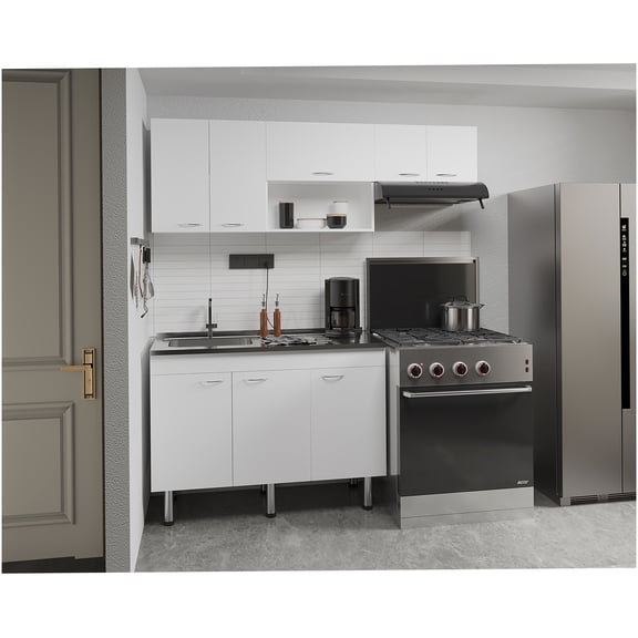 White 2-Piece Kitchen Cabinet Set with Sink, 8 Shelves, Wall & Base Storage for Kitchen, Garage, Modern