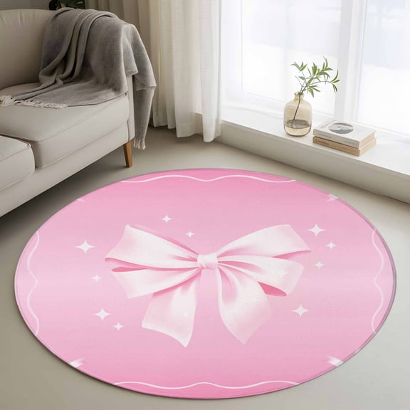 Valentine's Day Round Area Rug 3Ft Washable Small Circle Rugs for Kitchen Entryway, Pink Bowknot Ribbon Modern Mother's Day Non-Slip Carpet Floor Mats Indoor Outdoor Carpet Runner Home Decor