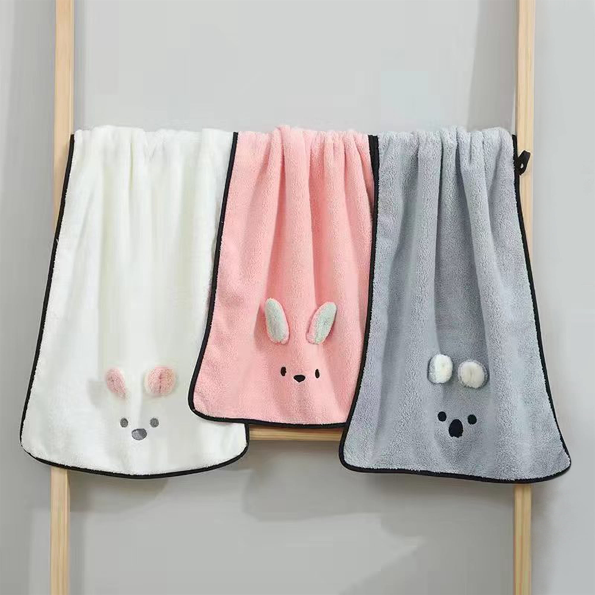 Unique Bargains Coral Soft and Absorbent Rabbit Pattern Towel Set White 2-Piece