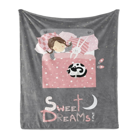 Saying Soft Flannel Fleece Throw Blanket, Girl Sleeping with a Bunny and a Cat Cartoon Style Night Time Themed Image, Cozy Plush for Indoor and Outdoor Use, 60" x 80", Multicolor, by Ambesonne