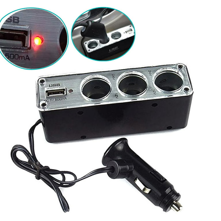 3 Way Multi Socket Car Cigarette Lighter Splitter USB Plug Charger DC 12V/ 24V Triple Adapter With USB Port 