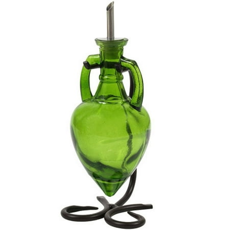Vinegar and Oil Dispenser, Olive Oil Pourer or Glass Soap Dispenser G231VM Lime Green Amphora Style Glass Bottle. Glass Bottle with Stainless Steel Pour Spout, Cork and Powder Coated Black Metal Stand