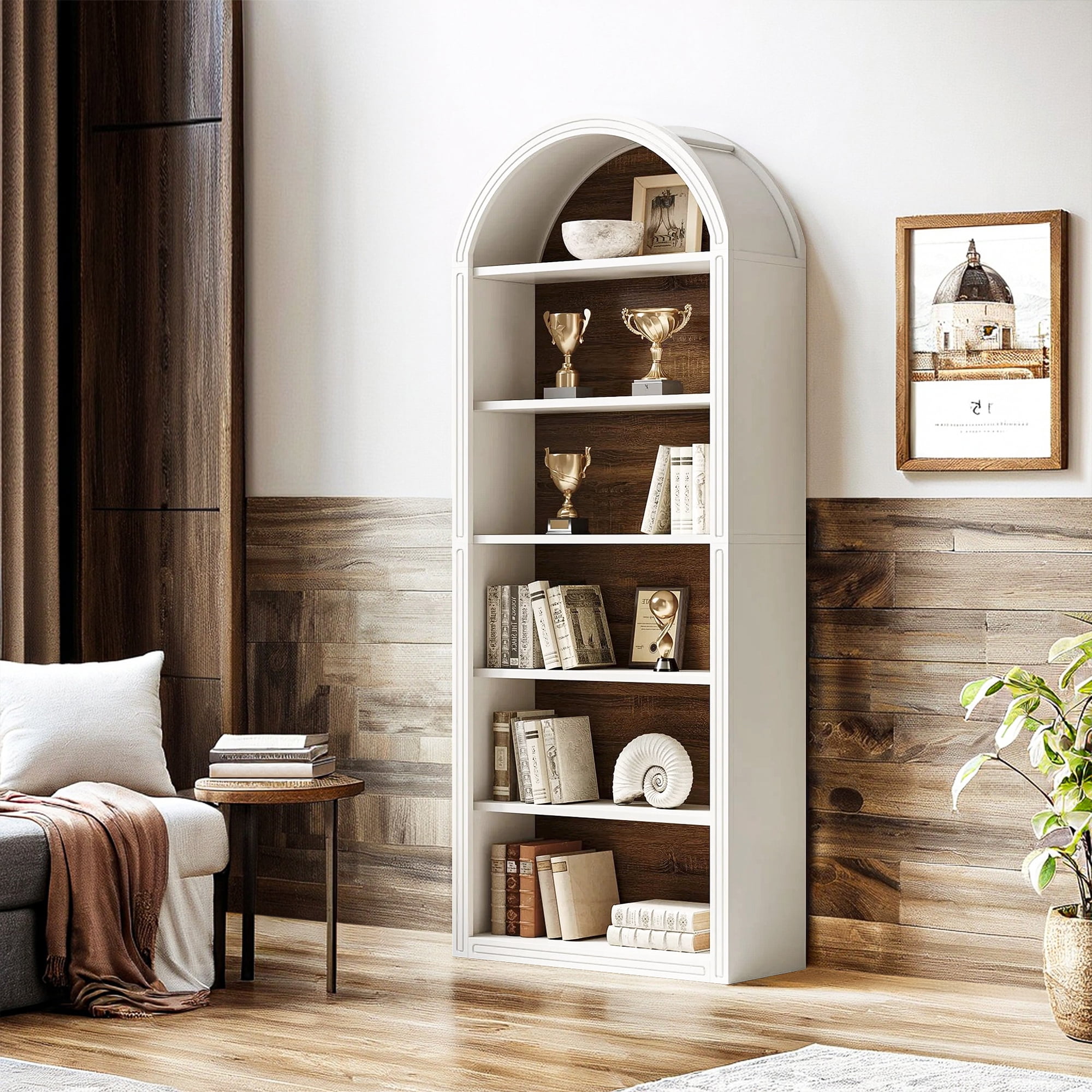 Demi Bonn 78.7" Bookshelf, 8-Tier Wooden Arched Bookcase Display Shelving Unit for Bedroom, Living Room, White