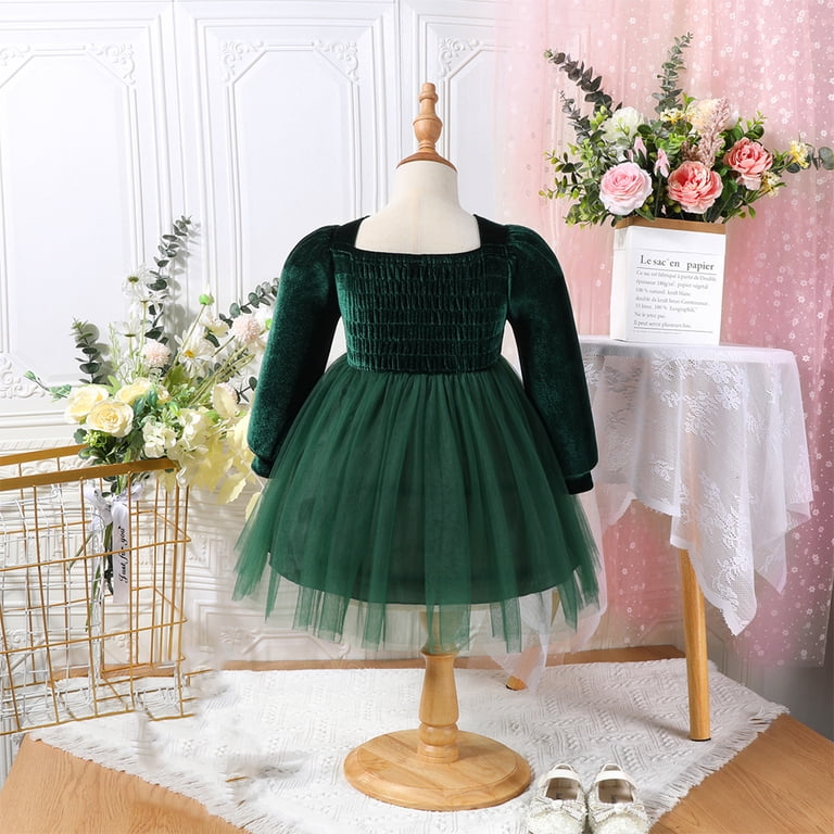 YTDSCS Newborn Girls Velvet Long Sleeve Dress Baby Elegant Tween Princess Dresses Toddle Mesh Patchwork Party Dresses for 9 Months-4 Years