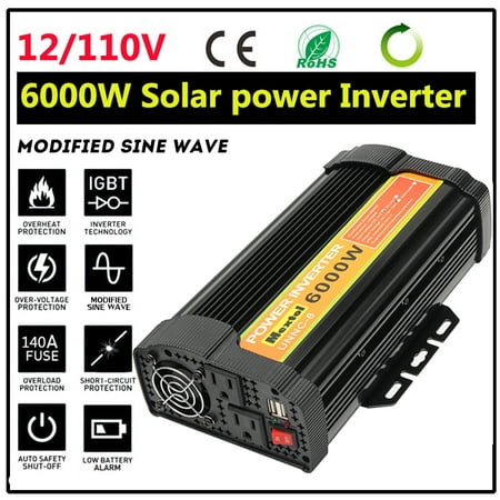 5000W 6000W Peak 10000W 12000W Modified Sine Wave Converter Solar Power Inverter 12V DC To 110V AC Adapter Switch Over Temperature Protection 2-USB Port for Car Outdoor (Best Solar Inverter Review)