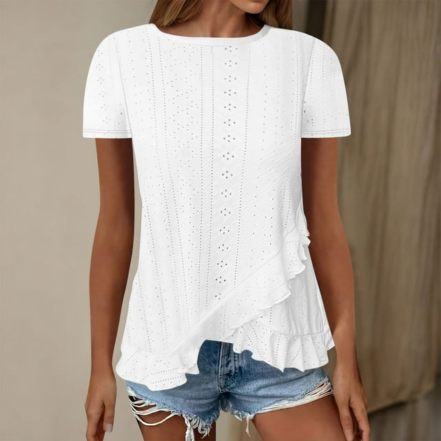 Frostluinai Summer T Shirts for Women Short Sleeve Eyelet Embroidery Shirts Crew Neck Solid Color Tops Flowy Ruffle Irregular Hem Tshirts
