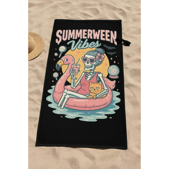Summerween Vibes Beach Towel, Fun Summerween Vibes, Poolside Accessory, Pastel Goth Beach Accessory,  Travel Towel for Summer Vacation, Spooky Cute Halloween Towel 29X58in