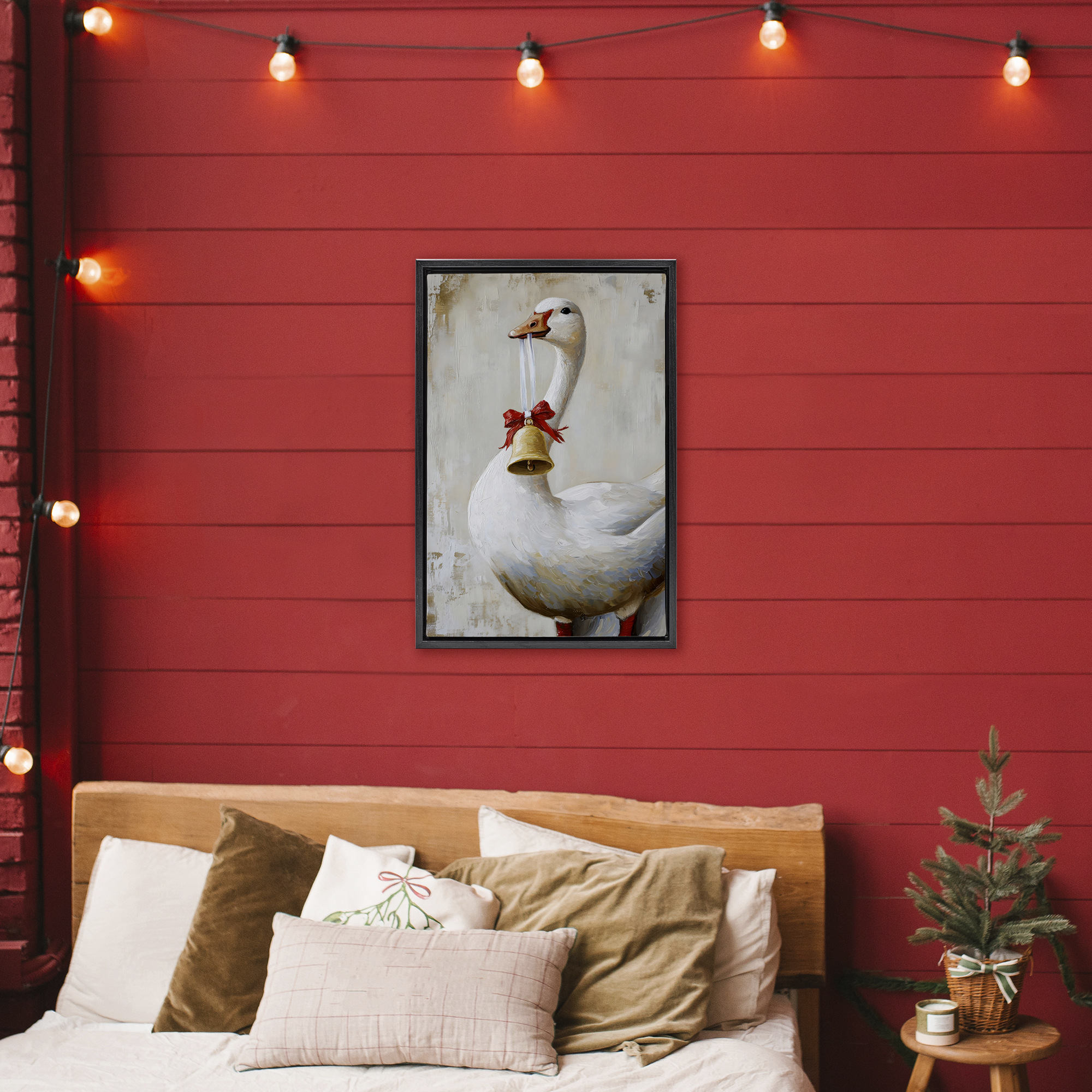 Festive Jingle Goose Black Framed Floater Canvas Wall Art, design by Petal Prints Design