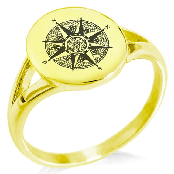 Stainless Steel Nautical Flower of Life Compass Minimalist Oval Top Polished Statement Signet Ring