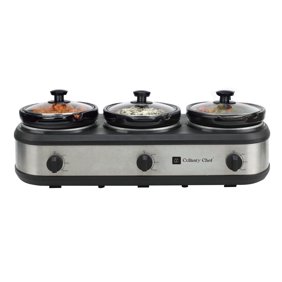 Culinary Chef 3 x 2.5 Qt. Triple Slow Cooker, Individual Temperature Controls, Tempered Glass Lids, Stainless Steel