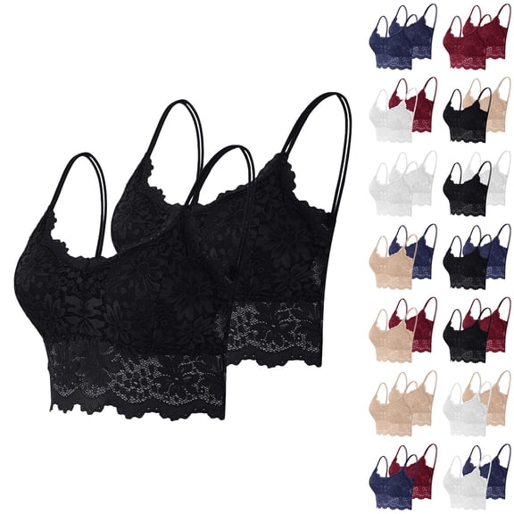 2 Pack Bras for Women BWASD No Underwire Lace Spaghetti Strap Bralettes Comfy Sweet Underwear Short Padded Slim Basic Cami Tank Tops Daily Wear M-XL