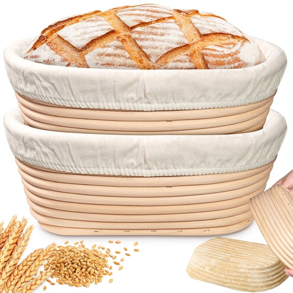 Gimgong Bread Proofing Basket Set of 2, Oval, Natural Rattan with Linen Liner, Beige, 9.8x5.9x3.5 Inch, 1.5 lb Dough Capacity, for Sourdough and Ciabatta