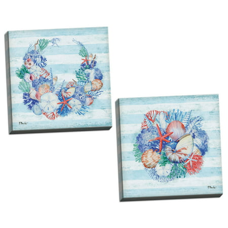 Gango Home Decor Coastal Distressed Blue, Green & Orange Striped Beach Decor | Starfish, Sand Dollar & Shell by Paul Brent (Ready to Hang); Two 12x12in Hand-Stretched