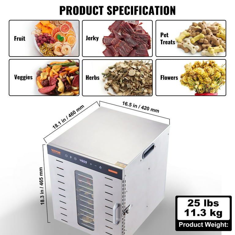 COLZER 16 Tray Food Dehydrator Stainless Steel Commercial Dehydrators Dryer  for Fruit, Meat, Beef, Jerky, Herbs with Adjustable Timer and Temperature