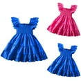 thumbnail image 2 of Zwiiyzr 1-6Y Girl's Solid Color Smocked Dress Ruffled Short Sleeve A Line Midi Dress Ruffle Hem Square Neck Flared Swing Summer Dresses Blue, 2 of 5