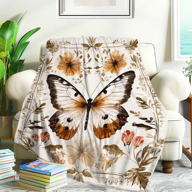 Manta con temática de mariposas boho, manta novedosa con diseño floral de polillas en color beige, regalo para hombres y mujeres, para todas las estaciones, para decoración del hogar, sala de estar y