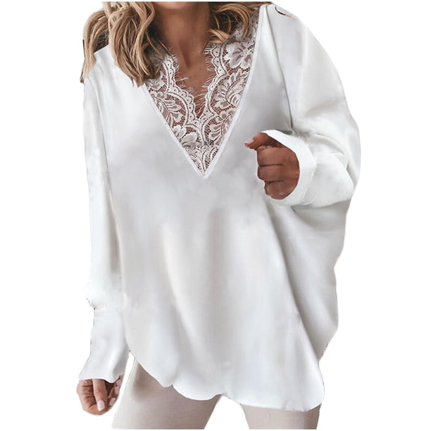 Mujeres Sexy Otoño Encaje Costura Crop Workout Manga larga Oversize Vintage V-Cuello Casual Blusa Tops Fridja fksj2569