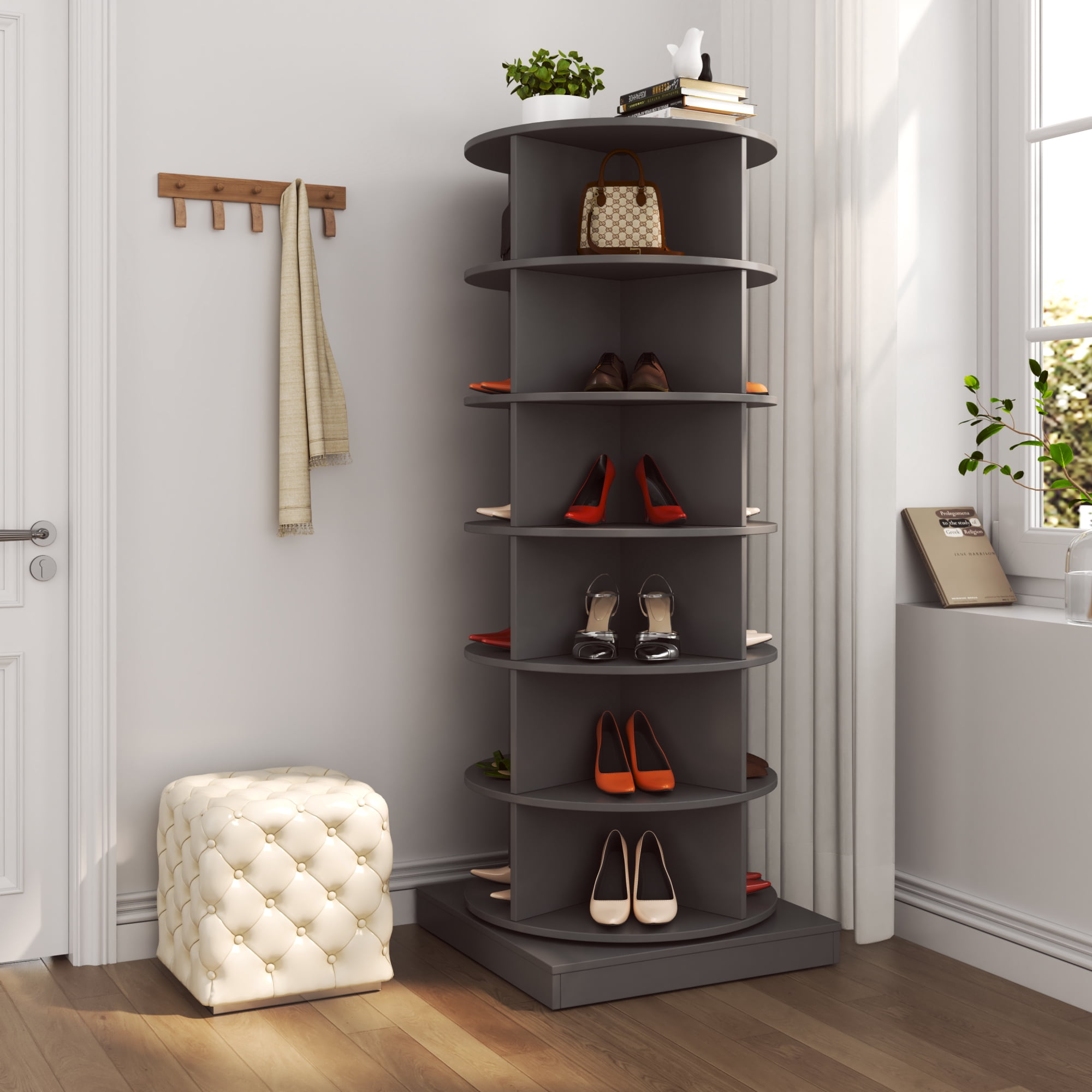 6 Tier Rotating Shoe Rack 360 Round Shoe Rack Vertical Handbag Rotate Shoes Closet Organization