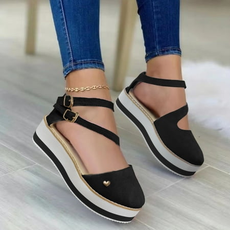 

〖Yilirongyumm〗 Black 40 Sandals Women Sandals Wedge Platform Casual Color Solid Ladies Fashion Buckle Flock Women s Sandals