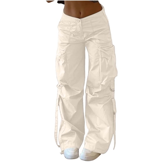 MELDVDIB Womens Cargo Pants Relaxed Button Waist Full-Length Wide Leg Pant Fashion Casual Solid Color Pants with Pockets Beige S