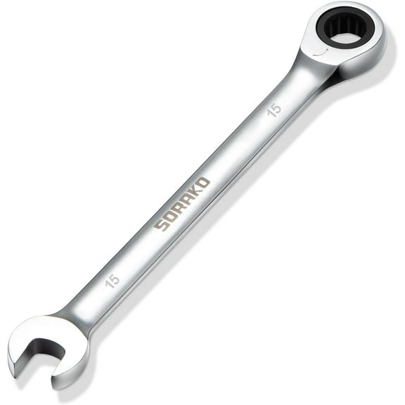 SORAKO 15mm Ratcheting Combination Wrench, Chrome Vanadium Steel Gear Wrench, Industrial Grade Cr-V Steel Gear Spanner, Household Garage Tools(Metric)