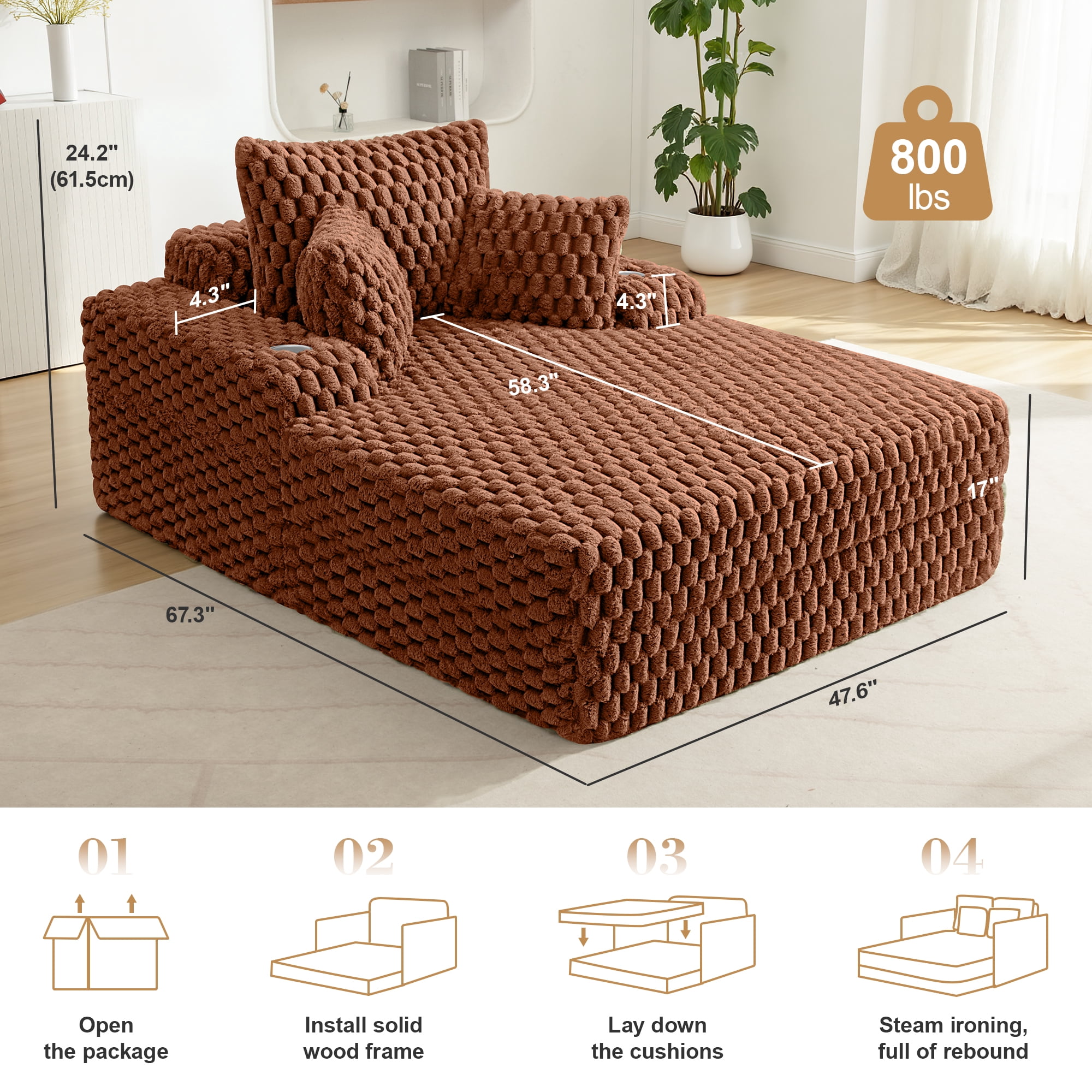 COOLHUT 46.7" W Oversized Floor Chaise Lounge Chair Sofa with Cup Holders, Cloud Plush Floor Sofa Bed Upholstered Deep Seat Sleeper Reading Chair Couch for Living Room, No Assembly, Pumpkin Brown
