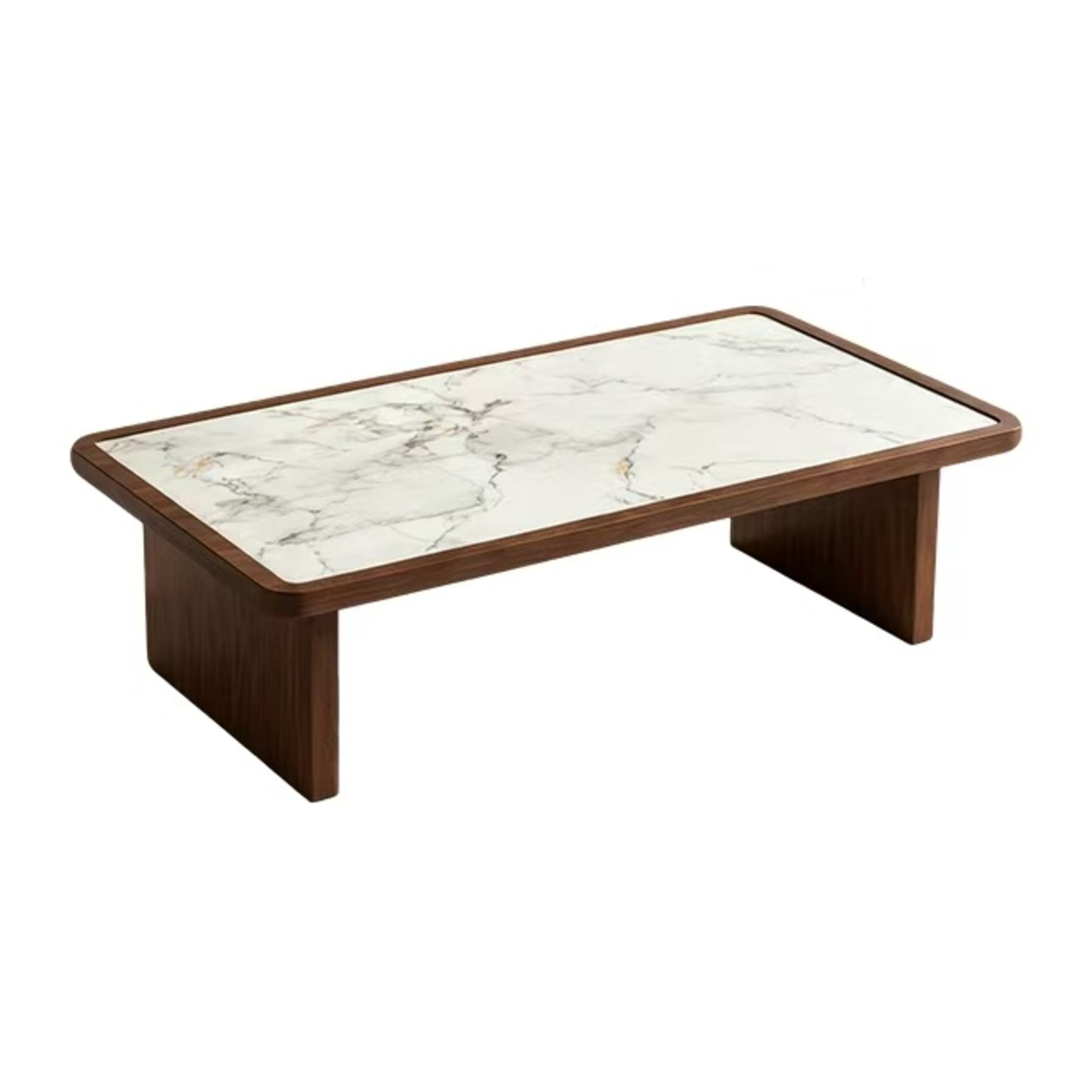 Noble House Ordis 47" Rectangular Sintered Stone Coffee Table with Wood Veneer Frame & Wide Panel Legs, White & Walnut