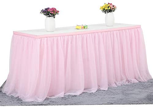 Pink Tabke Skirt Tulle Round or Rectangle 6FT Tablecloth Tutu for Dinning Home and Party Decoration Dessert Table Skirting 2Yard,L72in×H30in 