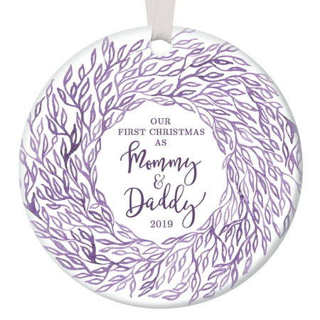 Mommy & Daddy First Christmas Ornament 2019 Parents to New Baby Pretty Leaf Wreath Ceramic Collectible 1st Time Mom & Dad 3